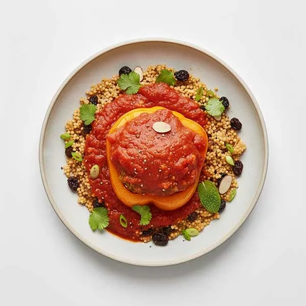 Signature Herb-Stuffed Pepper with Dark Fruit Couscous & Silky Mint-Tomato Emulsion